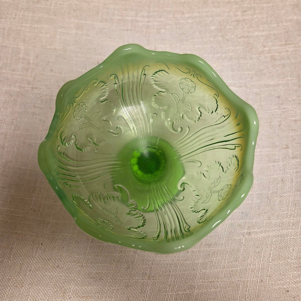 Northwood Green Opalescent Glass Compote Ruffled Floral Candy Dish Pedestal Bowl - Picture 5 of 6